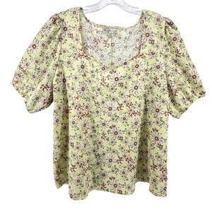 Cato Women Plus Size 18/20W Yellow Floral Sweetheart Puff Sleeve Blouse Top
